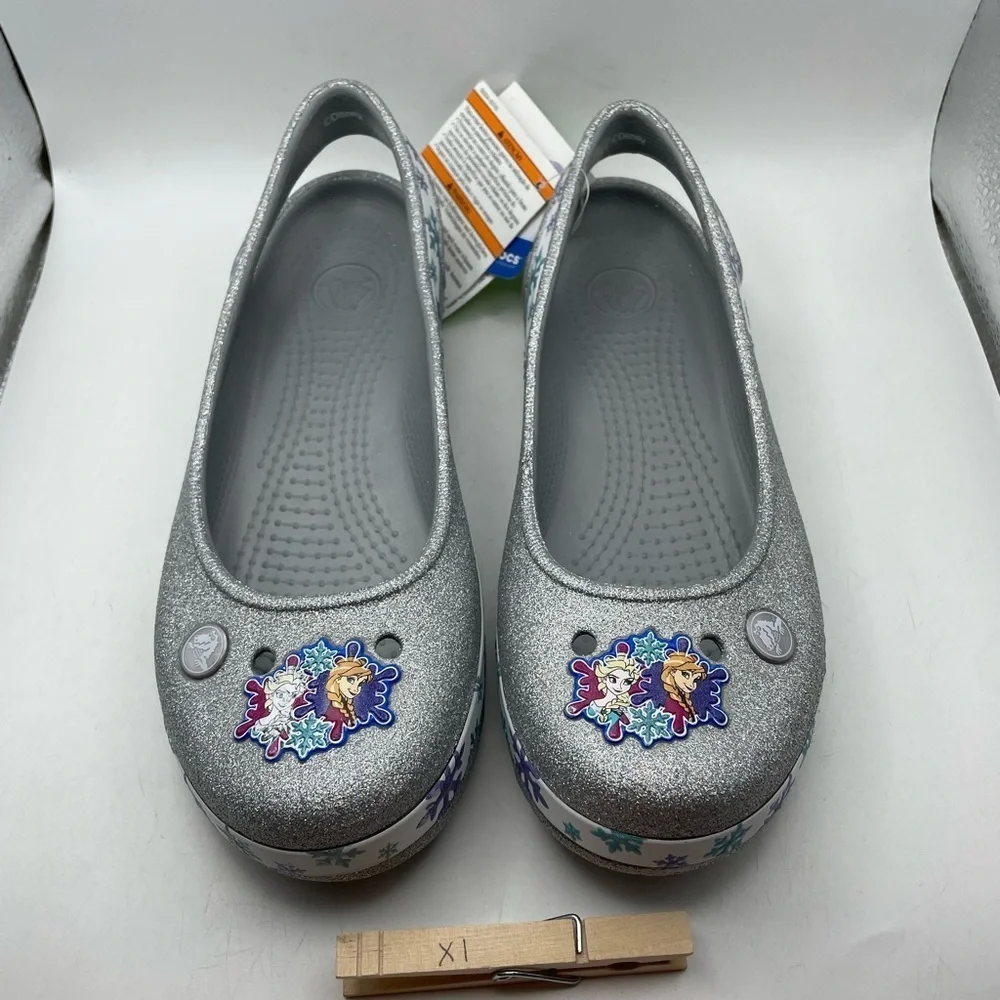 NEW! Crocs X Disney Frozen Genna II girls silver sparkly flats size 5Y